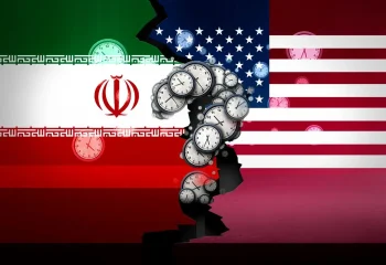 پرچم ایران و ایالات متحده در حالی که ساعت هایی به معنای پایان وقت روی ان است