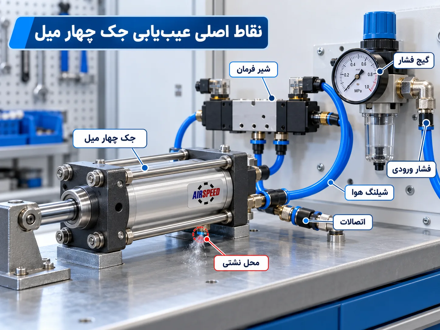 اینفوگرافیک نقاط اصلی عیب‌یابی جک چهار میل پنوماتیک شامل گیج فشار، شیر فرمان، شیلنگ هوا، اتصالات و محل نشتی
