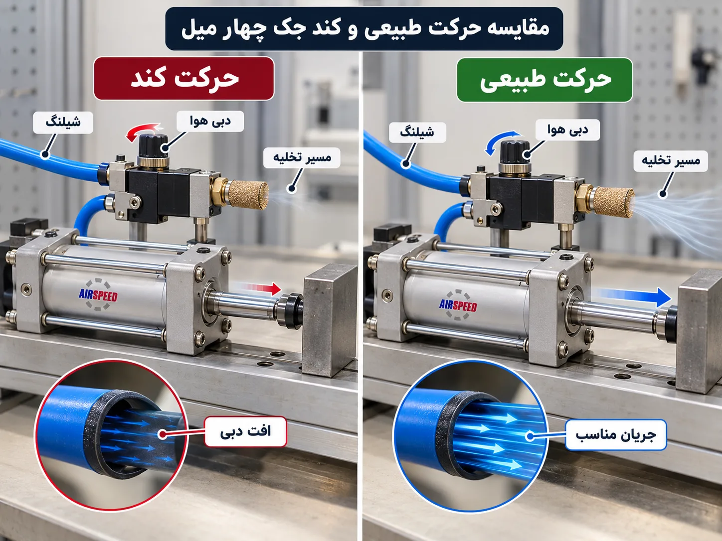 مقایسه حرکت طبیعی و حرکت کند جک چهار میل پنوماتیک با نمایش افت دبی هوا، مسیر تخلیه و جریان مناسب